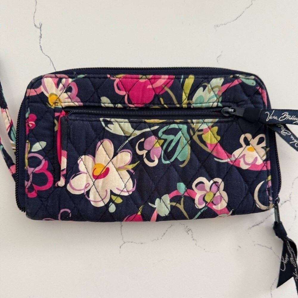 Vera Bradley Zipper Wallet Wristlet Navy Multicolor Floral Print Quilted EUC‎
